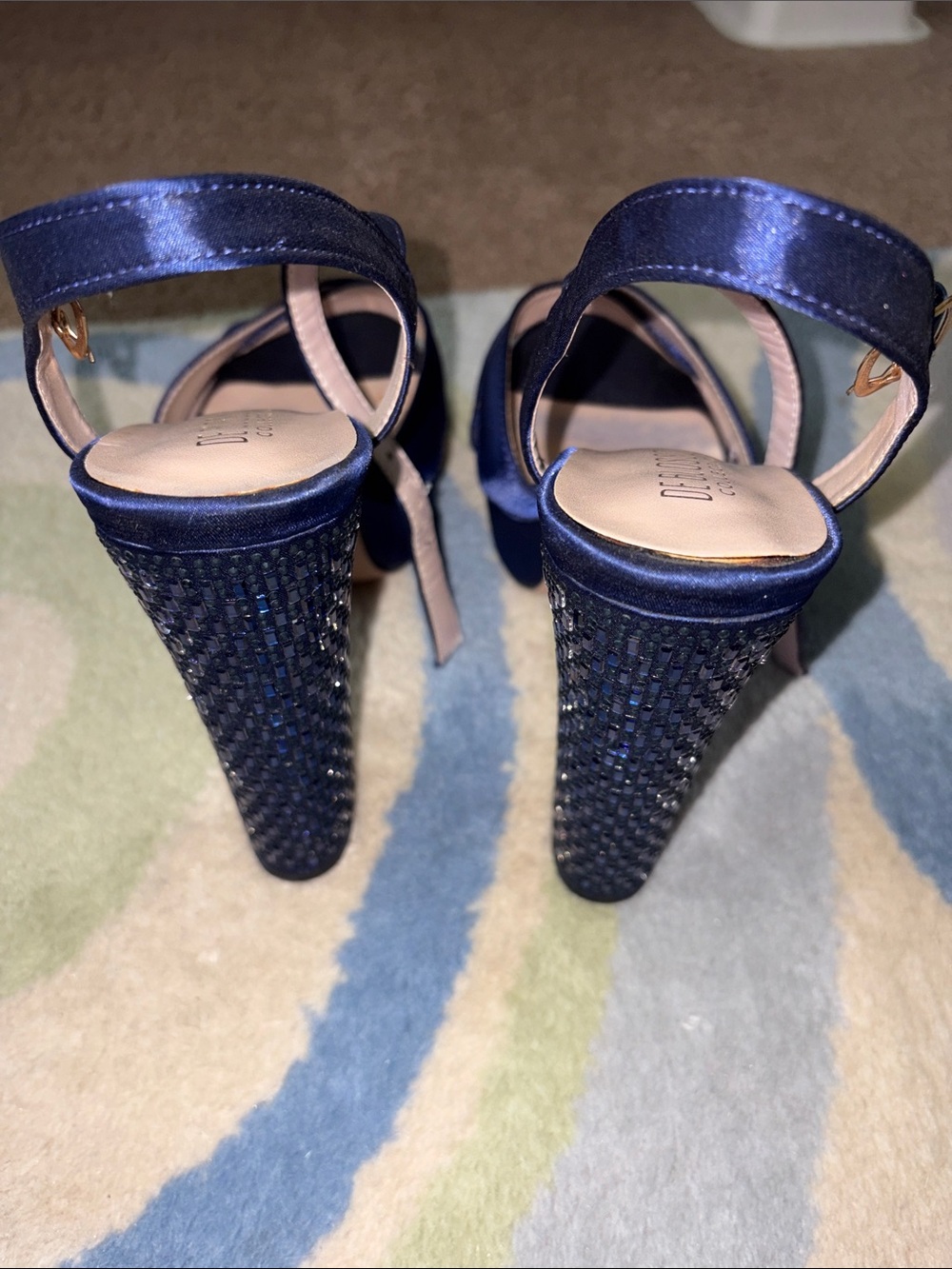 De Blossom Collection Navy Satin Heeled Sandals with Embellished Heels